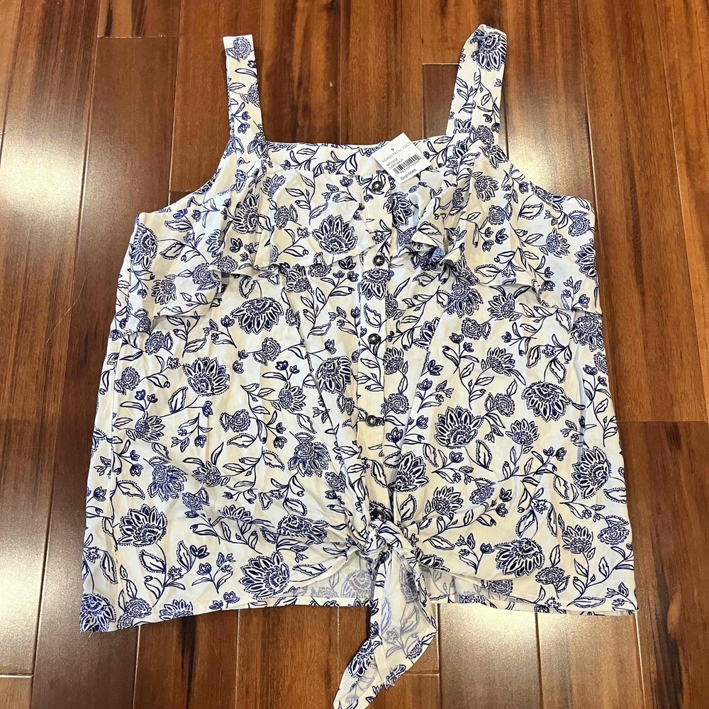 New Bobeau White Blouse Tank Top Floral Print Sleeveless Button Tie Front Size M
